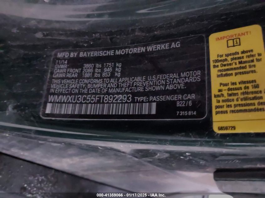 2015 Mini Hardtop Cooper S VIN: WMWXU3C55FT892293 Lot: 41359066