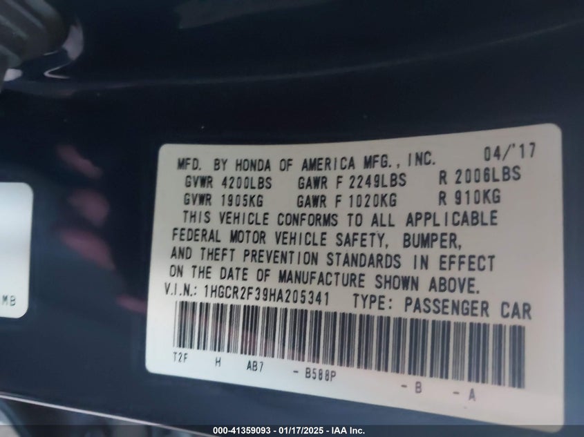 2017 HONDA ACCORD VIN: 1HGCR2F39HA205341