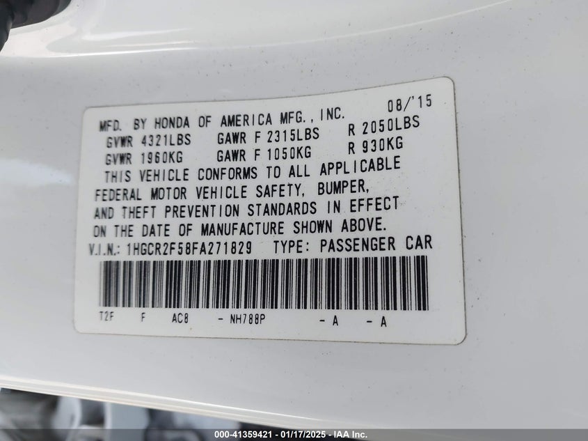 2015 HONDA ACCORD VIN: 1HGCR2F58FA271829