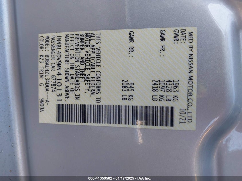 2021 NISSAN ALTIMA VIN: 1N4BL4DV9MN410131