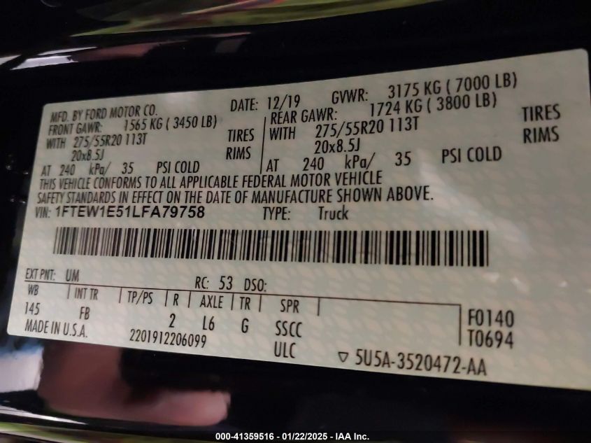 2020 Ford F-150 Xlt VIN: 1FTEW1E51LFA79758 Lot: 41359516