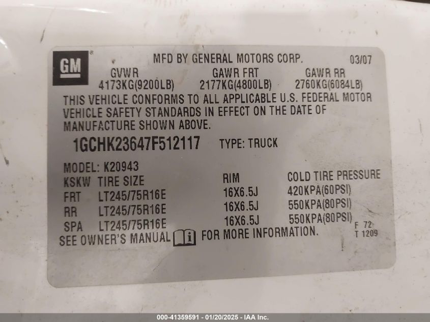 2007 Chevrolet Silverado 2500Hd Lt1/Lt2/Ltz/Work Truck VIN: 1GCHK23607F512177 Lot: 41359591