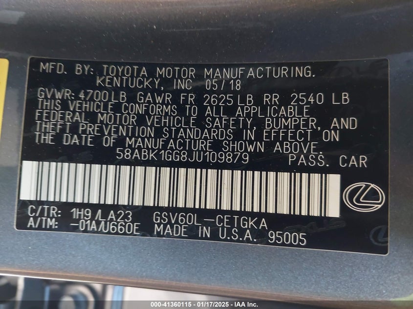 Auction sale of the 2018 LEXUS ES 350 , vin: 58ABK1GG8JU109879, lot number: 41360115