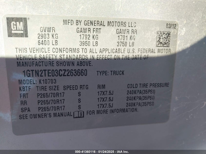 2012 GMC SIERRA VIN: 1GTN2TE03CZ263660