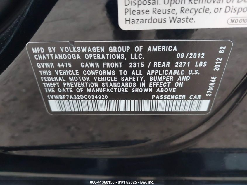 VIN 1VWBP7A32DC034920 2013 Volkswagen Passat, SE no.9