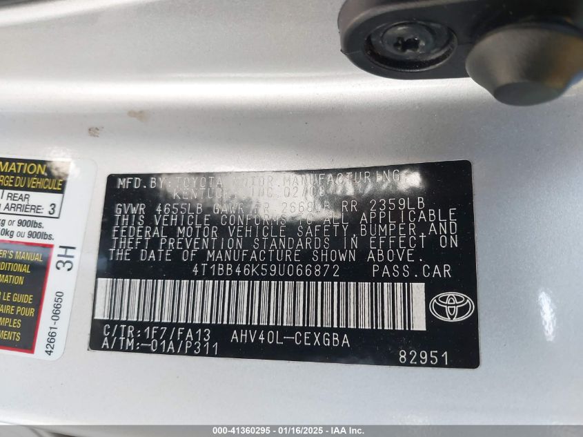 2009 Toyota Camry Hybrid VIN: 4T1BB46K59U066872 Lot: 41360295