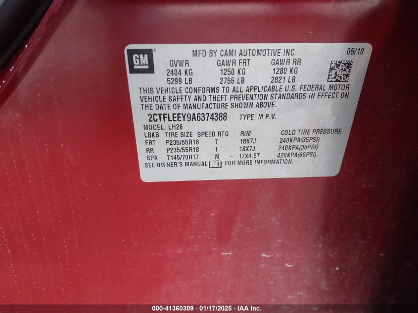 2010 GMC Terrain Sle-2 VIN: 2CTFLEEY9A6374388 Lot: 41360309