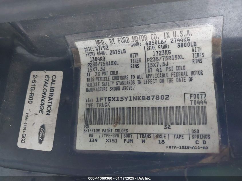 1992 Ford F150 VIN: 1FTEX15Y1NK887802 Lot: 41360360