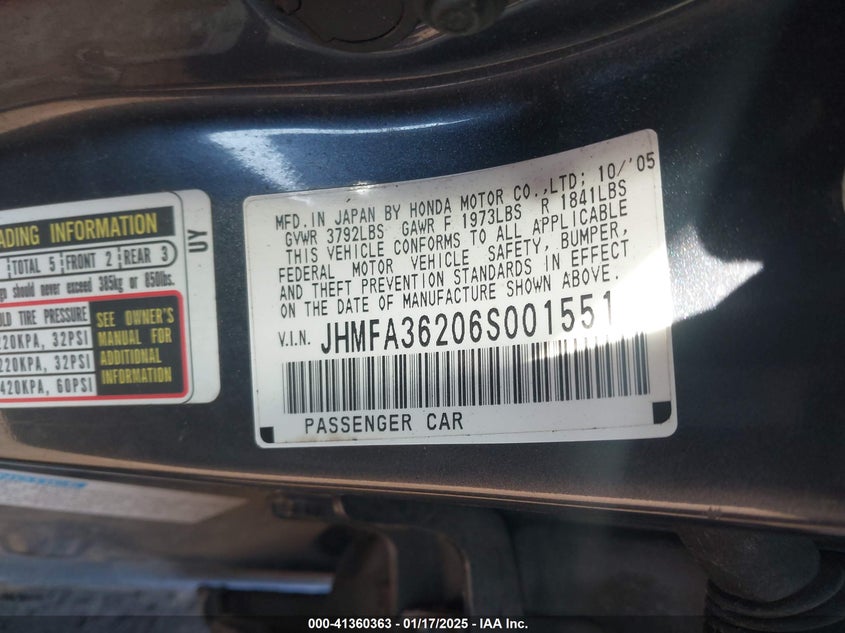 2006 HONDA CIVIC HYBRID VIN: JHMFA36206S001551