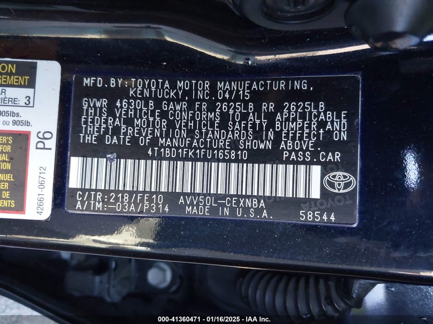 2015 TOYOTA CAMRY HYBRID VIN: 4T1BD1FK1FU165810