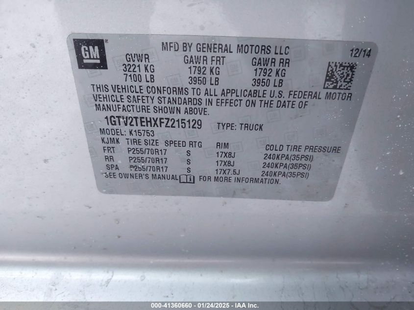 2015 GMC Sierra 1500 VIN: 1GTV2TEHXFZ215129 Lot: 41360660