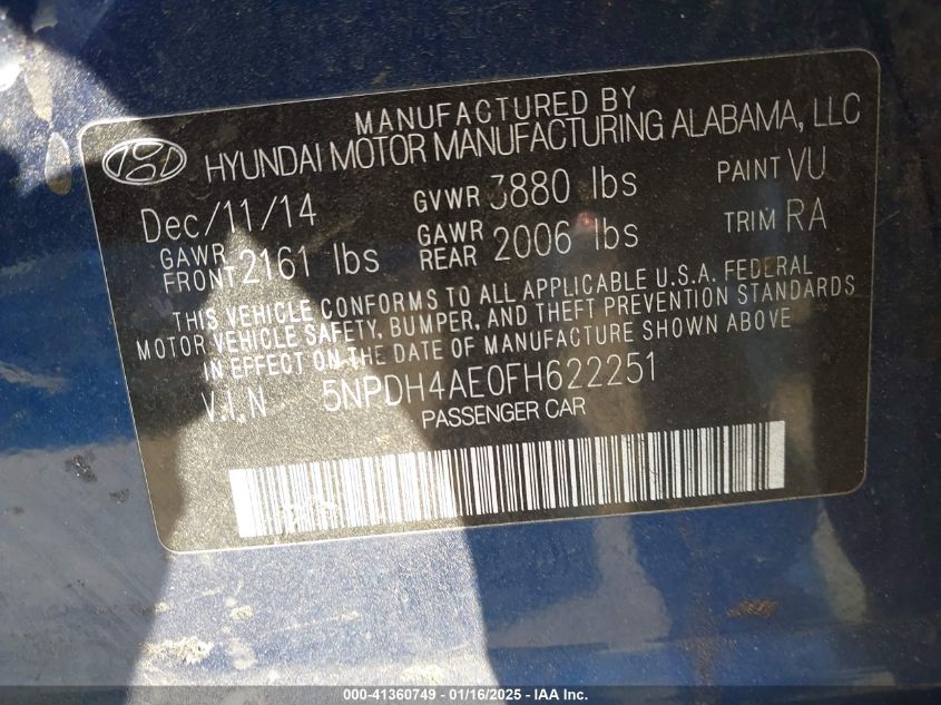 VIN 5NPDH4AE0FH622251 2015 HYUNDAI ELANTRA no.9