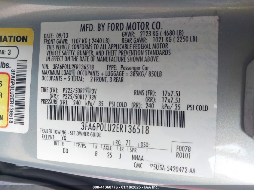 VIN 3FA6P0LU2ER136518 2014 Ford Fusion, Hybrid SE no.9