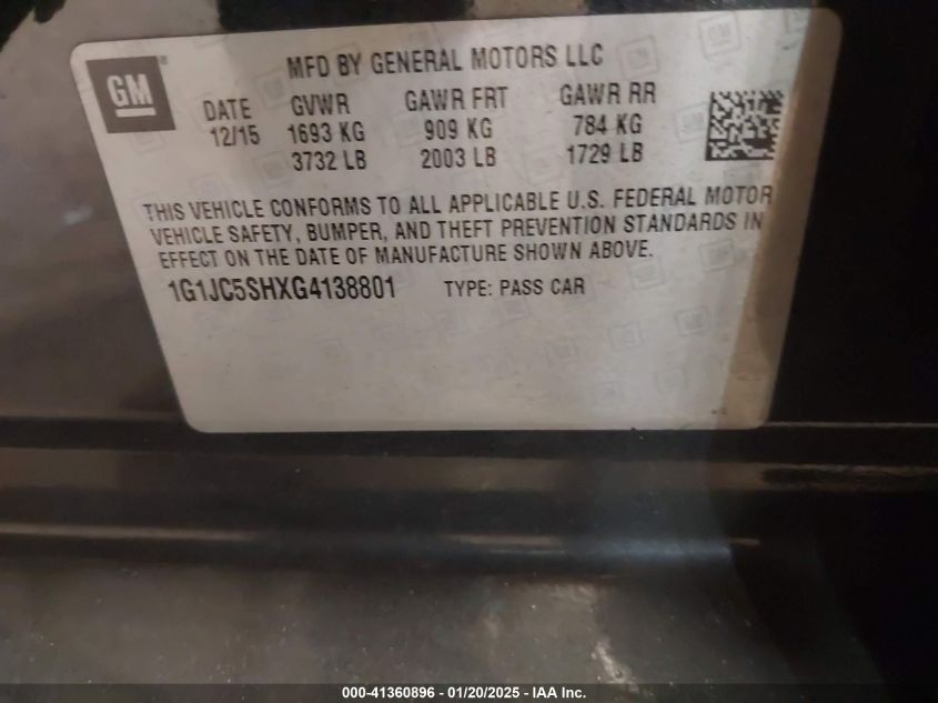 2016 Chevrolet Sonic Lt Auto VIN: 1G1JC5SHXG4138801 Lot: 41360896