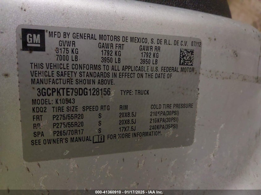 2013 CHEVROLET SILVERADO VIN: 3GCPKTE79DG128156