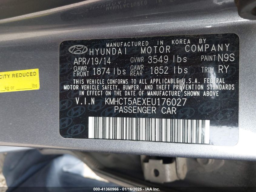 VIN KMHCT5AEXEU176027 2014 Hyundai Accent, GS no.9