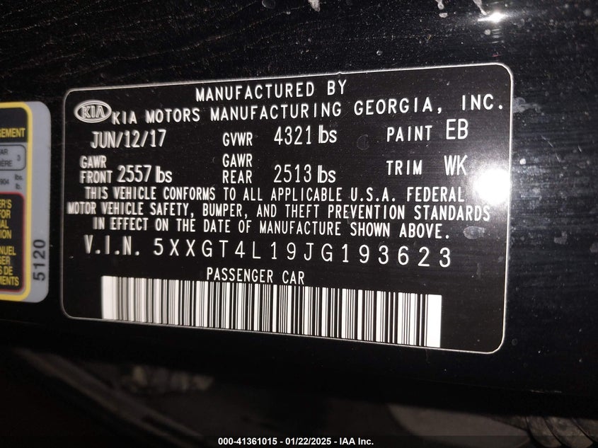 2018 Kia Optima Lx Turbo VIN: 5XXGT4L19JG193623 Lot: 41361015