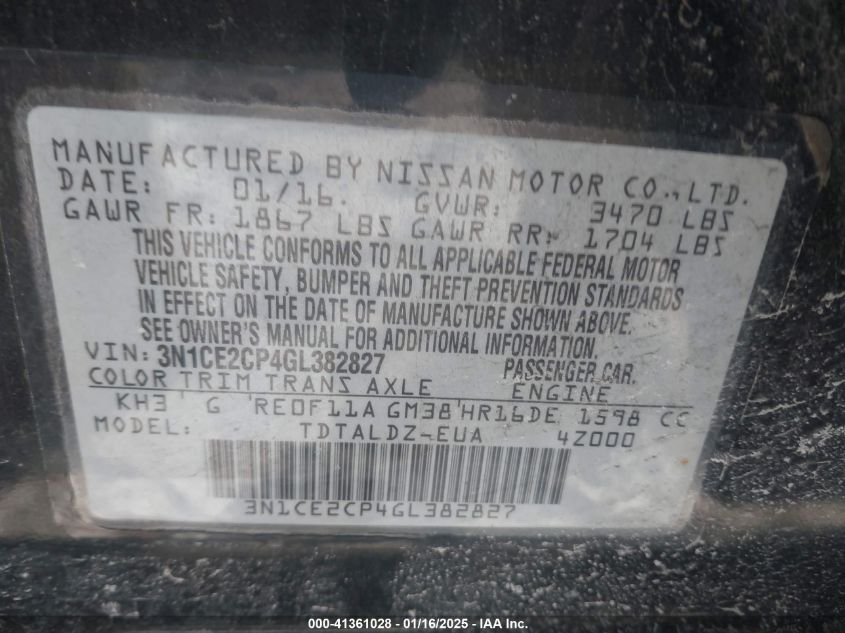 VIN 3N1CE2CP4GL382827 2016 NISSAN VERSA NOTE no.9