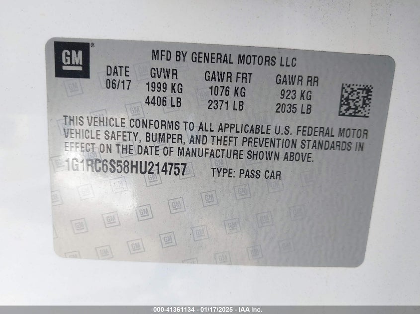 2017 CHEVROLET VOLT VIN: 1G1RC6S58HU214757