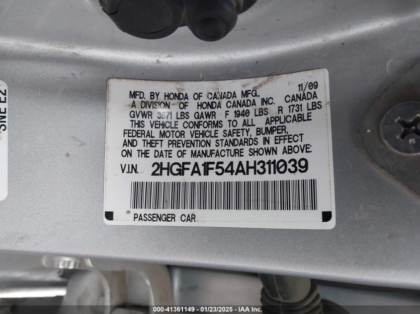 2010 HONDA CIVIC VIN: 2HGFA1F54AH311039