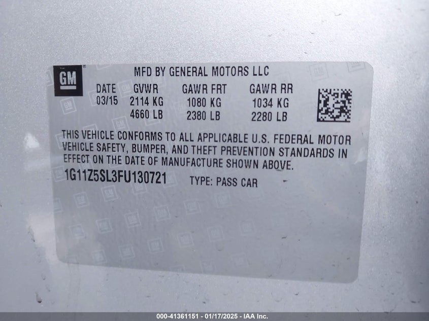 2015 CHEVROLET IMPALA VIN: 1G11Z5SL3FU130721