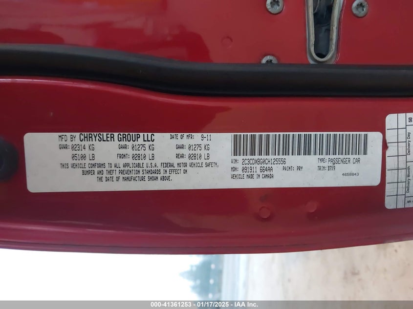 2012 DODGE CHARGER VIN: 2C3CDXBG0CH125556