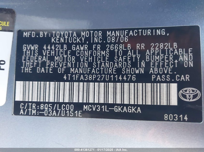 2007 TOYOTA CAMRY SOLARA VIN: 4T1FA38P27U114476