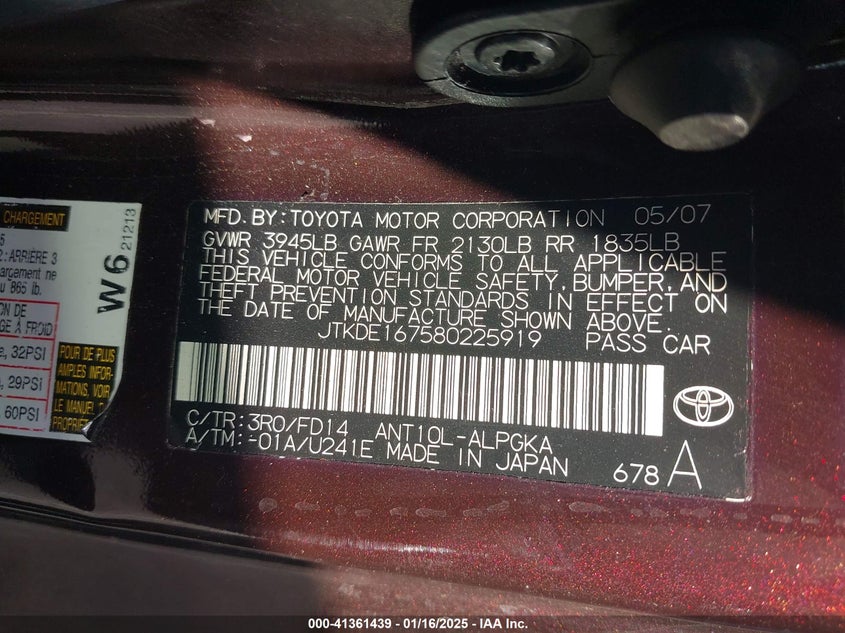 2008 SCION TC VIN: JTKDE167580225919