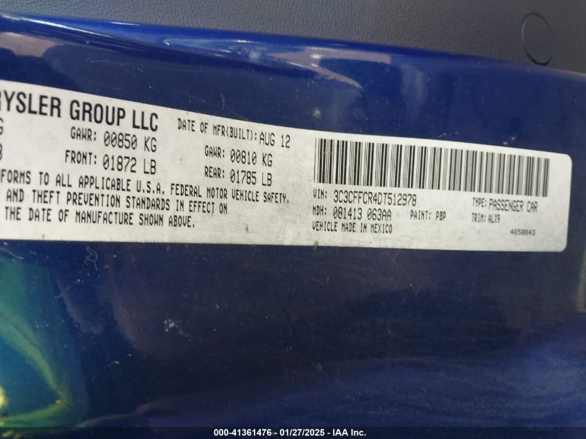2013 Fiat 500 Lounge VIN: 3C3CFFCR4DT512978 Lot: 41361476