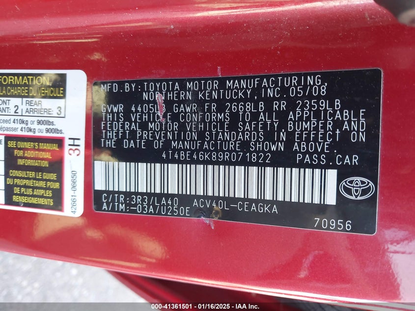 2009 TOYOTA CAMRY VIN: 4T4BE46K89R071822