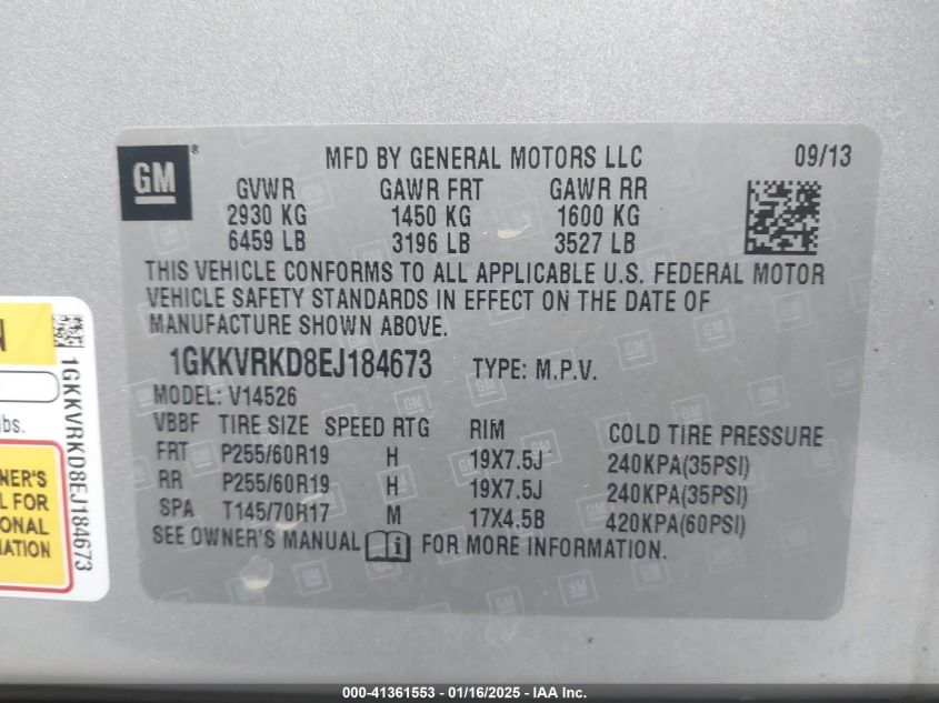 VIN 1GKKVRKD8EJ184673 2014 GMC Acadia, Slt-1 no.9