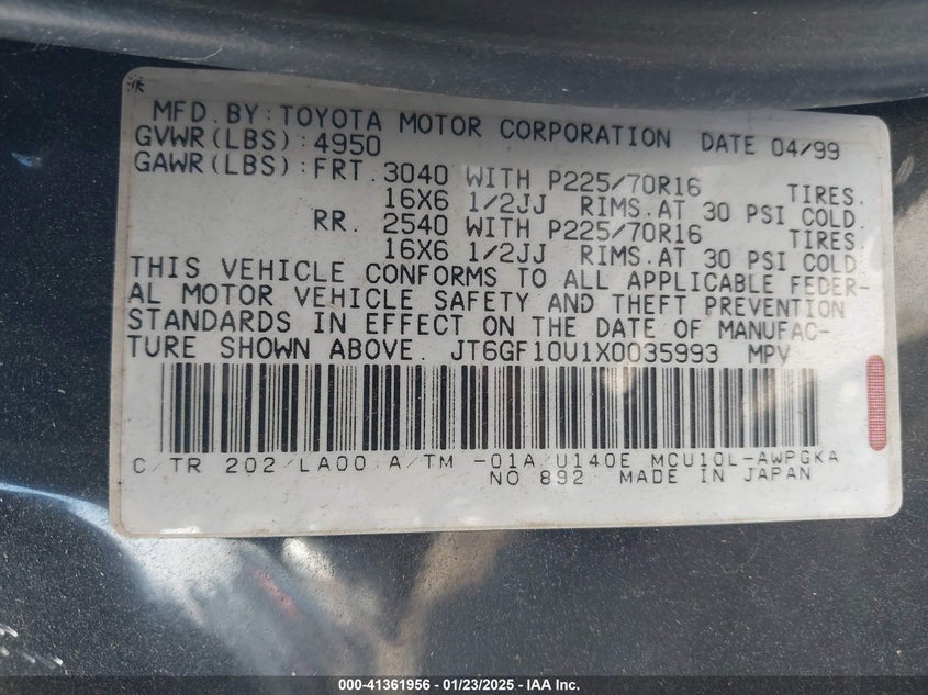 1999 Lexus Rx 300 VIN: JT6GF10U1X0035993 Lot: 41361956