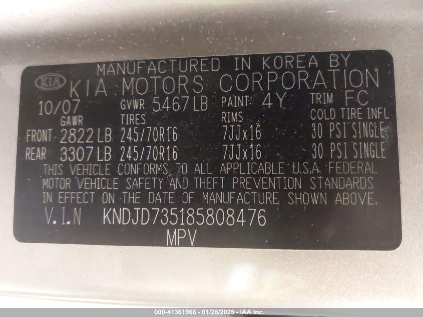 2008 Kia Sorento Lx VIN: KNDJD735185808476 Lot: 41361966