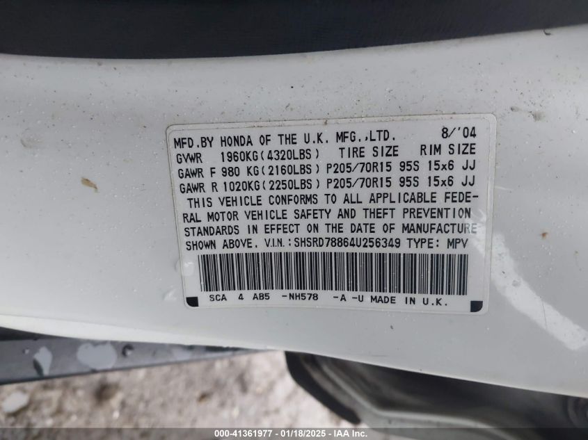 2004 Honda Cr-V Ex VIN: SHSRD78864U256349 Lot: 41361977