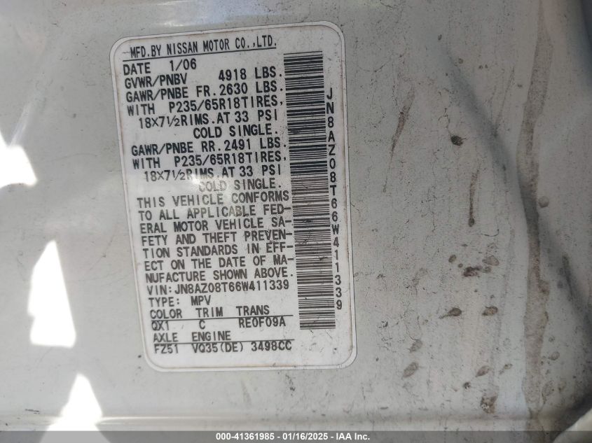2006 Nissan Murano Sl VIN: JN8AZ08T66W411339 Lot: 41361985