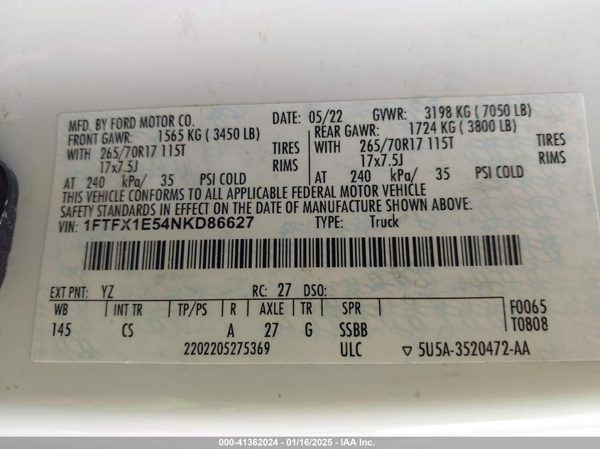 2022 FORD F-150 VIN: 1FTFX1E54NKD86627