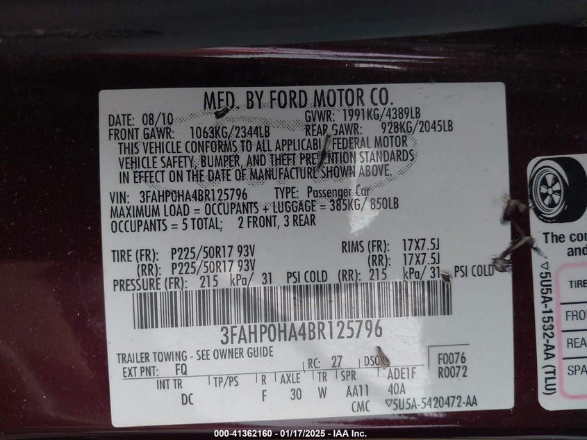 2011 FORD FUSION VIN: 3FAHP0HA4BR125796