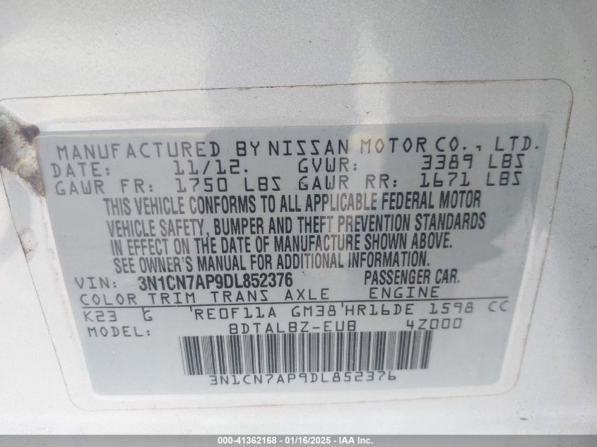 VIN 3N1CN7AP9DL852376 2013 Nissan Versa, 1.6 SV no.9