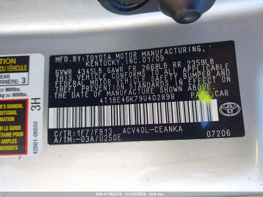 2009 TOYOTA CAMRY VIN: 4T1BE46K79U402898