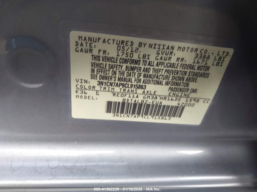 2012 NISSAN VERSA VIN: 3N1CN7AP9CL915863
