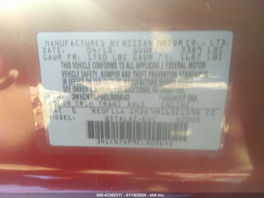 VIN 3N1CN7AP9EL805642 2014 NISSAN VERSA no.9