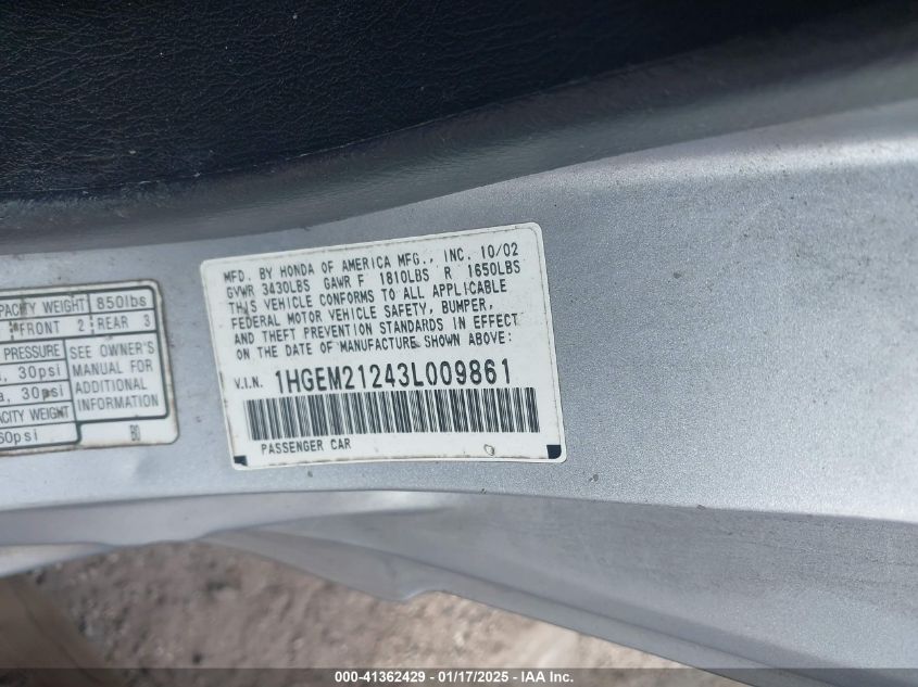 2003 Honda Civic Dx VIN: 1HGEM21243L009861 Lot: 41362429