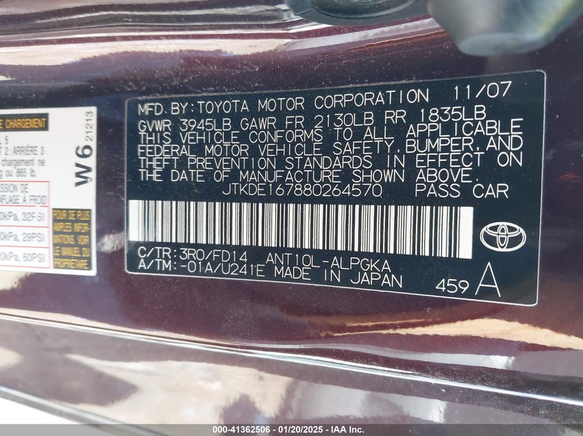 2008 SCION TC VIN: JTKDE167880264570