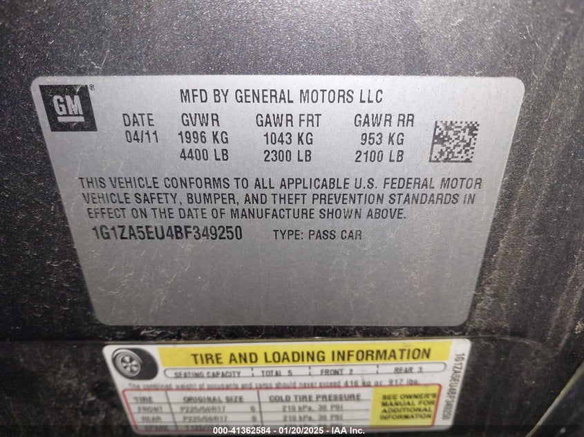 2011 CHEVROLET MALIBU VIN: 1G1ZA5EU4BF349250