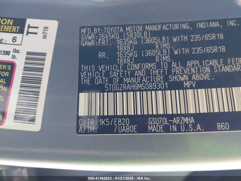 2021 TOYOTA HIGHLANDER XLE - 5TDGZRAH6MS089301