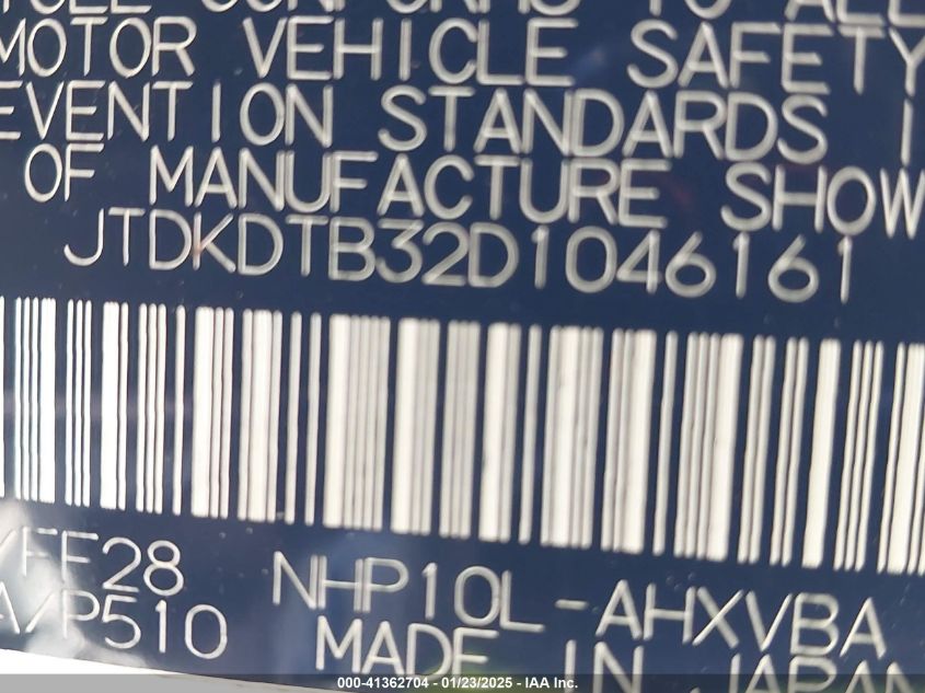 2013 Toyota Prius C Two VIN: JTDKDTB32D1046161 Lot: 41362704