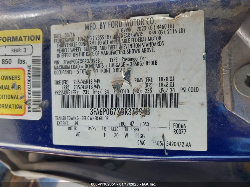 2016 FORD FUSION VIN: 3FA6P0G7XGR379968
