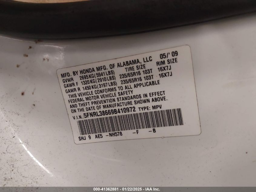 2009 Honda Odyssey Ex-L VIN: 5FNRL38669B410972 Lot: 41362881