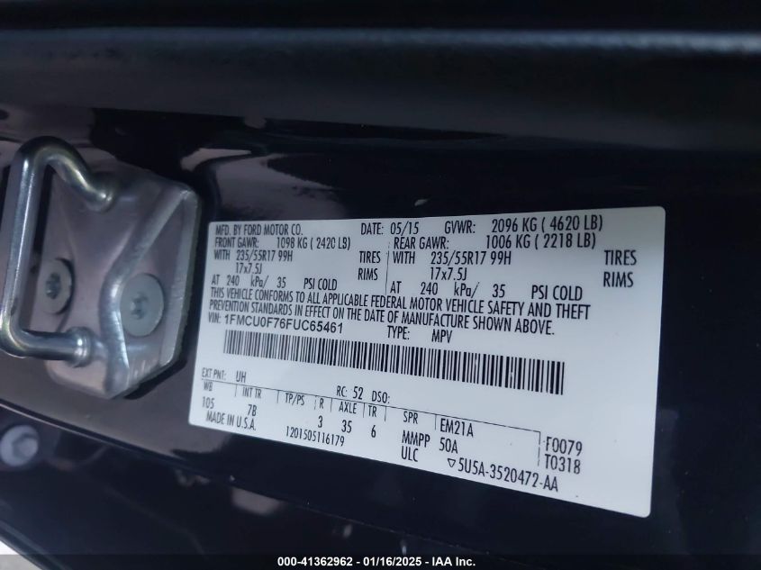 2015 Ford Escape S VIN: 1FMCU0F76FUC65461 Lot: 41362962