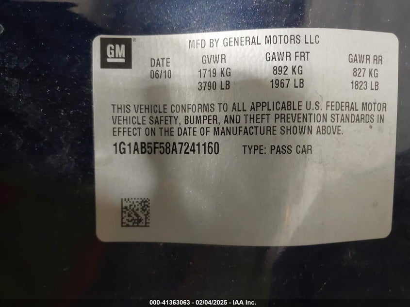 2010 CHEVROLET COBALT VIN: 1G1AB5F58A7241160